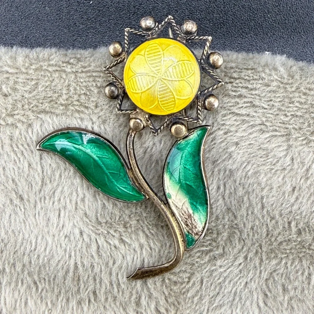 Vintage Sterling Silver Enamel Flower‎ Brooch Sunflower Spring Signed ANA